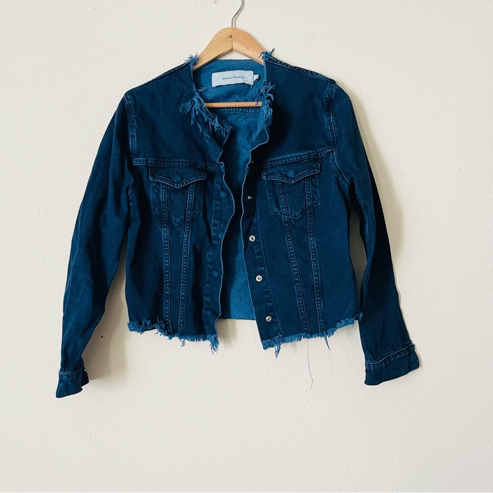 Marques Almeida LARGE Collarless cropped denim jacket in Indigo